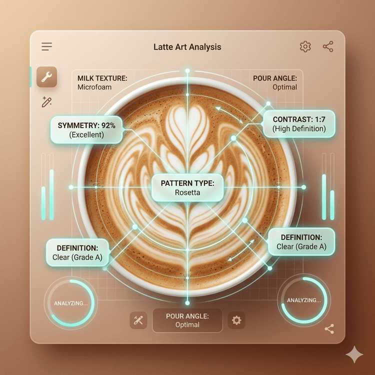 Brew AI analysis showing symmetry, contrast and definition scores on a rosetta