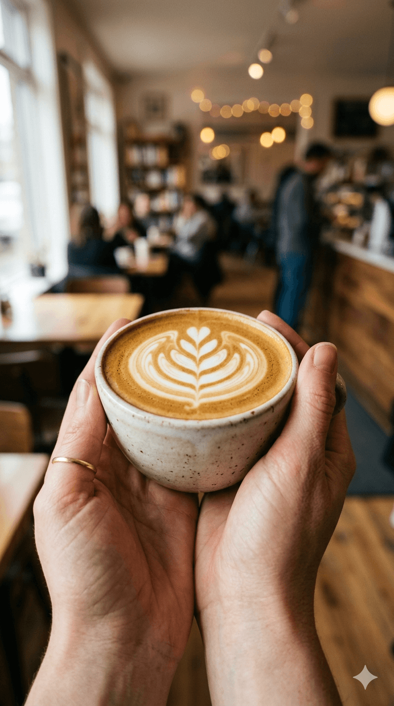 Hands holding a latte